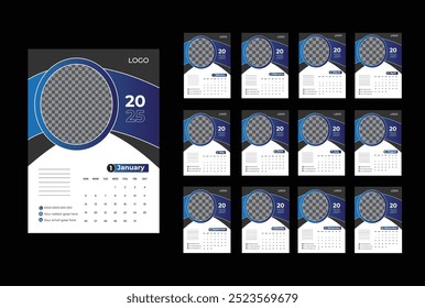 12 month Wall calendar 2025 design template, week starting from Monday. Clean, elegant template schedule planner, abstract gradient color luxury concept, perfect use in home, school college and office
