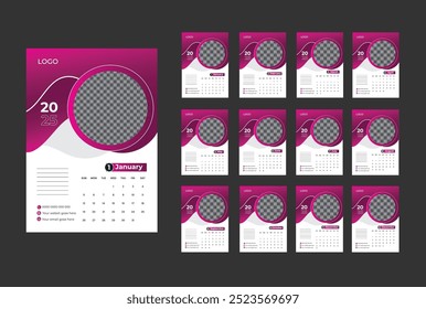 12 month Wall calendar 2025 design template, week starting from Monday. Clean, elegant template schedule planner, abstract gradient color luxury concept, perfect use in home, school college and office