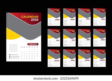 12 month Wall calendar 2025 design template, week starting from Monday. Clean, elegant template schedule planner, abstract gradient color luxury concept, perfect use in home, school college and office