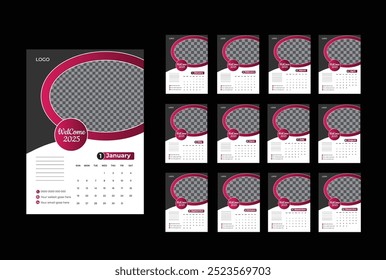 12 month Wall calendar 2025 design template, week starting from Monday. Clean, elegant template schedule planner, abstract gradient color luxury concept, perfect use in home, school college and office