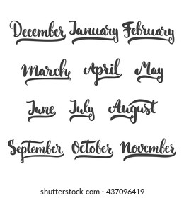 12 month of year - January, February, March, April, May, June, July, August, September, October, November, December, brush ink sign isolated on the white background. 