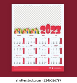 12 Months, 2023 Wall Calendar Template Design With Space For Message Or Image Against Red Background.