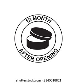 12 months after opening use label icon  in black flat glyph, filled style isolated on white background