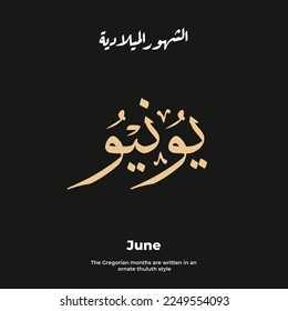 12 Months arabic calligraphy for arabic calendar .Gregorian months translation is ( January, February, March, April, May, June, August, September, October, November, December)
