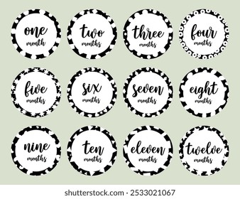 12 months black and white words stickers for the baby. Different geometric patterns.Vector design.