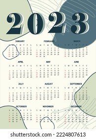 12 months calendar in 2023 with abstract minimalist green tone background. Vector illustration 2023 calendar.