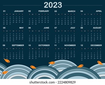 12 months calendar in 2023 with blue tone background and little fishes. Vector illustration 2023 calendar.