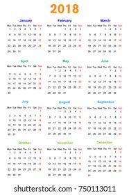 12 months Calendar Design 2018. Editable Vector.