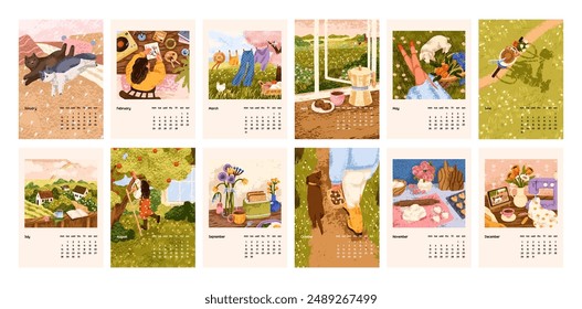 12 months calendar design. Year calender template with cute cozy nature paintings. Vertical backgrounds, posters from January to December for wall, planner, diary pages. Flat vector illustration