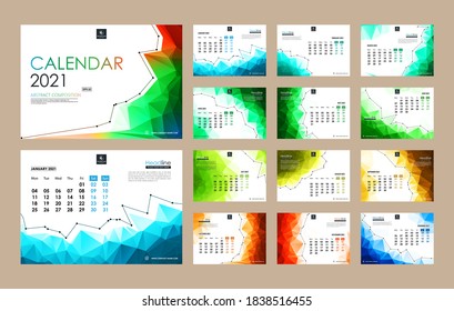 12 months calendar. Geometry. Abstraction. Winter, spring, summer, autumn. Wall, annual calendar. Graphics. Red triangle geometric shapes. 2021 year. Creative illustration. Polygon. Multicolor.