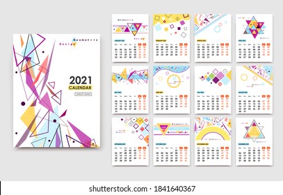 12 months calendar. Geometry. Abstraction. Winter, spring, summer, autumn. Wall, annual calendar. Graphics.  Multicolored geometric shapes. 2021 year. Modern vector. Creative illustration.