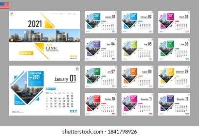 12 months calendar. Geometry. Abstraction. Winter, spring, summer, autumn. Wall, annual calendar. Graphics. Multicolor triangle geometric shapes. 2021 year. Architecture design. American calendar.