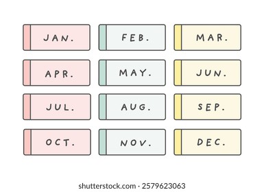 12 months English sticky note illustration set