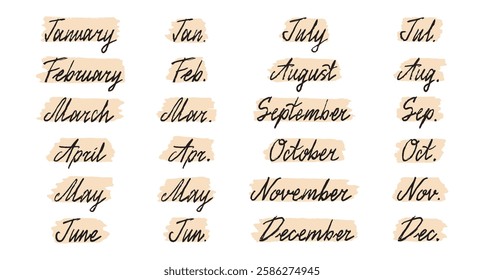 12 months hand drawn doodle lettering. Text handwritten words on beige delicate background hand drawn pastel colors. Months for glider, schedule or daily planner. Vector illustration