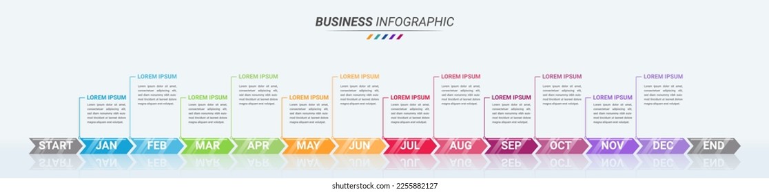 12 Months Infographic Design Template and Business Icon with Twelve Steps. All Months from January to December Infographic for Presentations, Finance Reports, and Web Design.