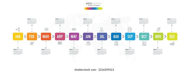 12 Months Modern Timeline Diagram Calendar, Infographic Template For Business. 