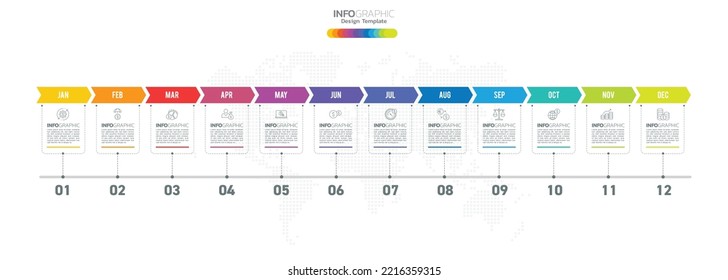 12 Months Modern Timeline Diagram Calendar, Infographic Template For Business. 