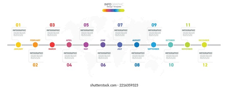 12 Months Modern Timeline Diagram Calendar, Infographic Template For Business. 