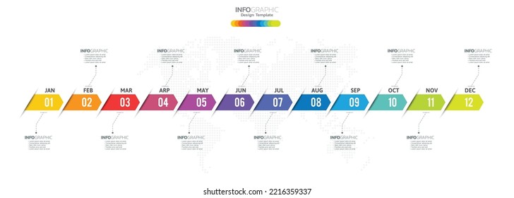 Calendario de diagrama de línea de tiempo moderno de 12 meses, plantilla de infografía para negocios. 