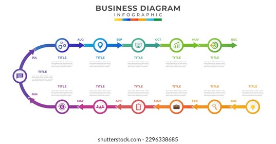 12 Months modern Timeline diagram calendar. Presentation and business vector infographic template.