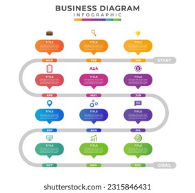 12 Months Modern Timeline diagram, presentation vector infographic template for business. 