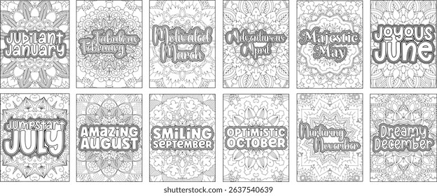 12 Months Name Coloring Page for Adults. Monthly Coloring Page.