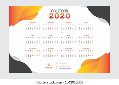 12 Months One page Calendar new year 2020