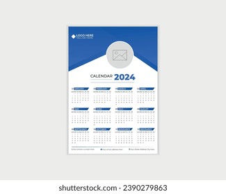 12 meses Diseño de un calendario de paredes de una página 2024 . Diseño de calendario de una página limpio y sencillo. Diseño de calendario único.