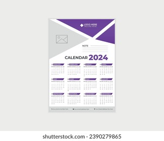 12 meses Diseño de un calendario de paredes de una página 2024 . Diseño de calendario de una página limpio y sencillo. Diseño de calendario único.
