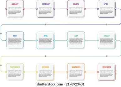 12 Months Road Map. Starts with January to December, 1 Year Months Timeline to Track Activity and Process | Presentation business infographic template for 12 months
