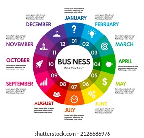 12 months or steps circle diagram, whole year business plan or project timeline, colorful vector infographic
