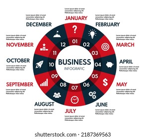 12 months or steps circle diagram, whole year business plan or project timeline, vector infographic