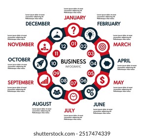 Diagrama circular de 12 meses ou etapas, plano de negócios ou cronograma de projeto de ano inteiro, infográfico vetorial