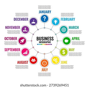 12 months or steps circle diagram, whole year business plan or project timeline, colorful vector infographic