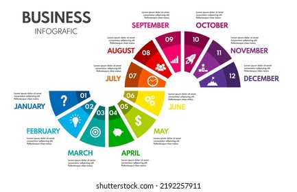 12 months or steps cycle diagram. Whole year strategy plan or project timeline. Colorful vector infographic template with business icons.