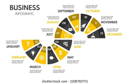 Zyklusdiagramm für 12 Monate oder Stufen. Ganzjähriger Strategieplan oder Projektzeitplan. Vektorgrafik-Vorlage mit Geschäftssymbole.