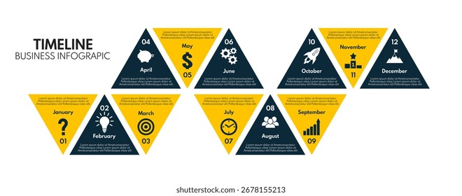12 months or steps cycle diagram, whole year strategy plan or project timeline, yellow and black vector infographic template with business icons
