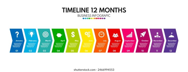 Diagrama de 12 meses o pasos. Plan de estrategia o calendario del proyecto del año completo. Plantilla de infografía de Vector colorido con iconos de negocios.