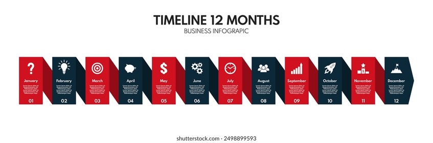 Diagrama de 12 meses o pasos, Plan de estrategia de año o línea de tiempo del proyecto, Plantilla de infografía de Vector de dos colores rojo y negro con íconos de negocios