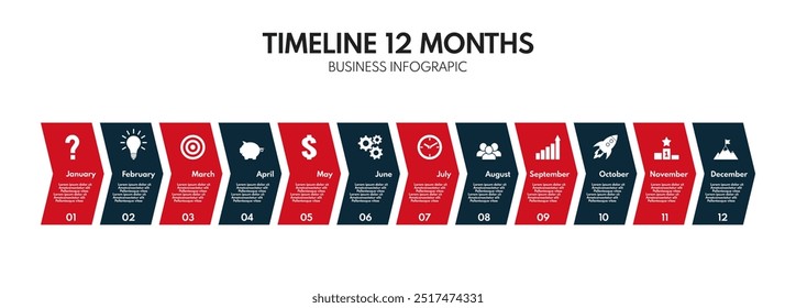 Diagrama de 12 meses o pasos, Plan de estrategia de año o línea de tiempo del proyecto, Plantilla de infografía de Vector de dos colores rojo y negro con íconos de negocios