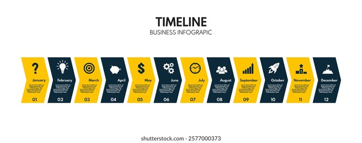 12 months or steps diagram, year strategy plan or project timeline, yellow and black two colors vector infographic template with business icons