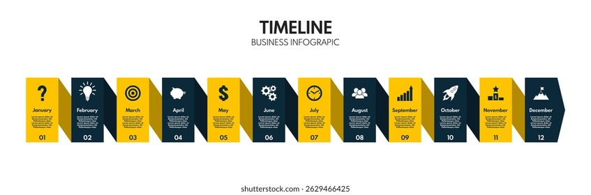 12 months or steps diagram, year strategy plan or project timeline, yellow and black two colors vector infographic template with business icons
