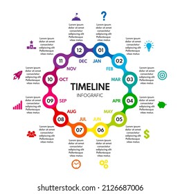 12 months or steps round diagram, whole year life plan or repeated cycle timeline, colorful vector infographic
