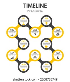 12 Monate- oder Stufenrunden-Diagramm. Ganzjähriger Lebensplan. Zeitachse mit wiederholtem Zyklus. Geschäftsjahr, Vektorgrafik mit Symbolen.