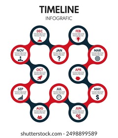 12 months or steps round diagram, year life plan, repeated cycle timeline, business year red and black two colors vector infographic with icons