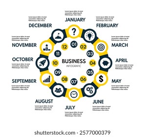 12 months or steps round diagram, whole year life plan or repeated cycle timeline, yellow and black vector infographic