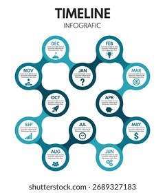 12 months or steps round diagram, year life plan, repeated cycle timeline, business year blue colors vector infographic with icons