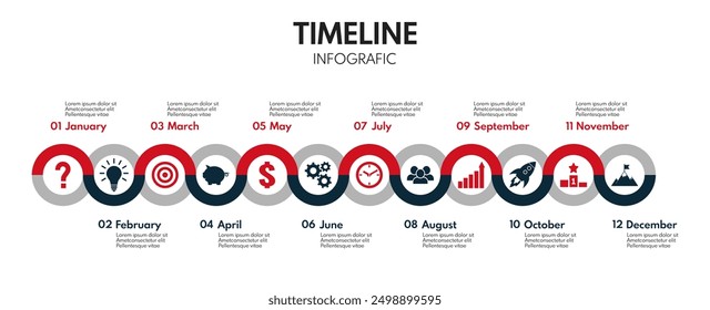 12 Monate oder Schritte Jahr Infografik, Geschäftserfolg rot und schwarz Roadmap, Projekt Timeline zwei Farben Vektorgrafik