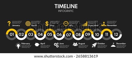 12 months or steps year infographic, business success yellow and black roadmap, project timeline two colors vector illustration on black background