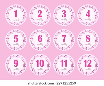 12 months stickers for the first year of the baby girl's life. Pink background with flowers in circle. Vector design.